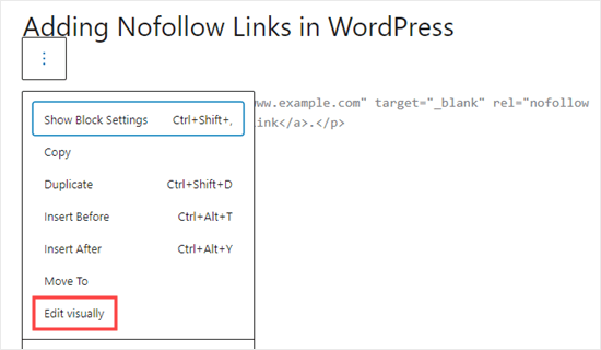 Adding nofollow links in WordPress and edit visually.